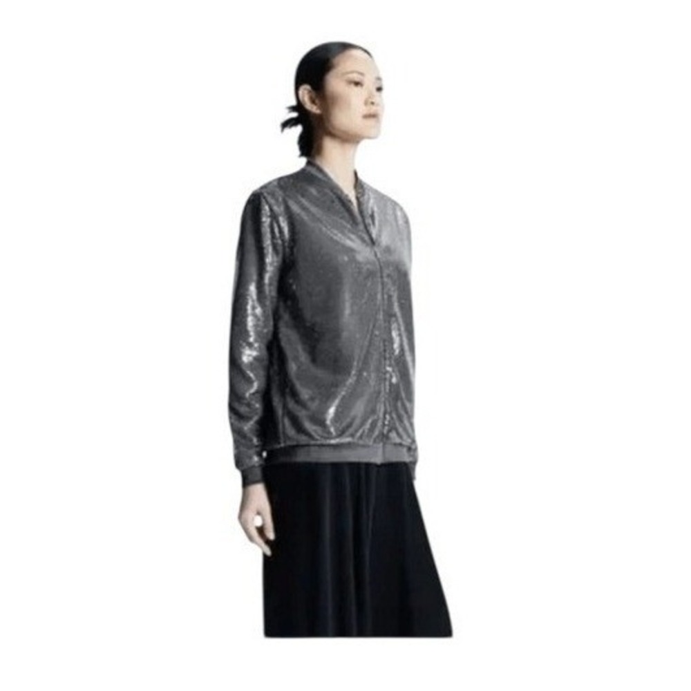 GSTQ Sequin Embellished Bomber Jacket Gray Knit S